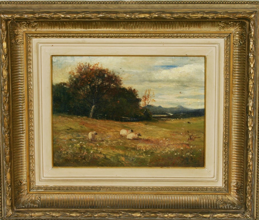 Lovely, English country 19th Century oil on canvas of sheep in a meadow.
Indistinctly signed lower right