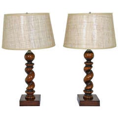 A Pair of  English Walnut 19th Century Barley Twist Lamps