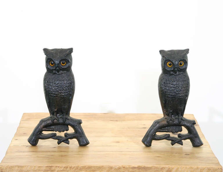 Victorian A Set of Iron Owl Andirons and Fireplace Tools