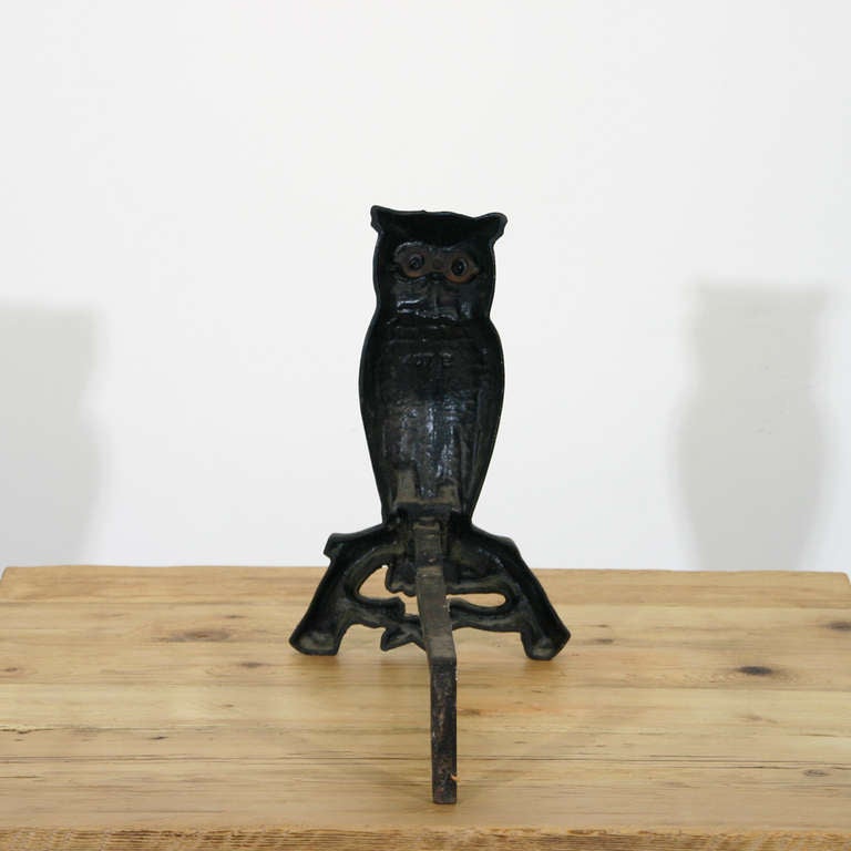 19th Century A Set of Iron Owl Andirons and Fireplace Tools