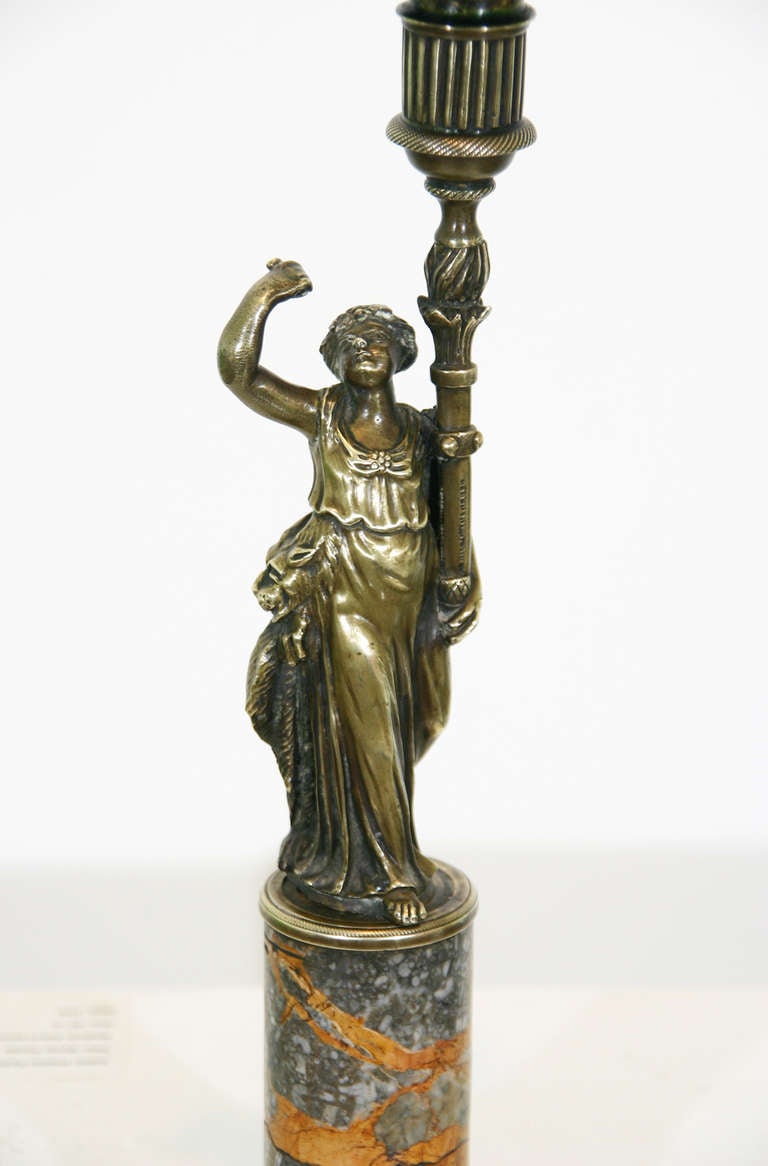 19th Century Pair of French Bronze and Marble Candlesticks For Sale