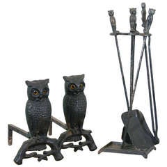 Antique A Set of Iron Owl Andirons and Fireplace Tools