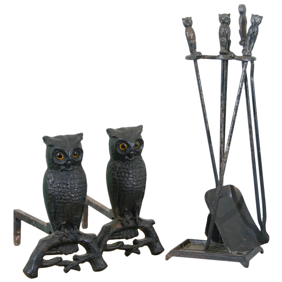 A Set of Iron Owl Andirons and Fireplace Tools