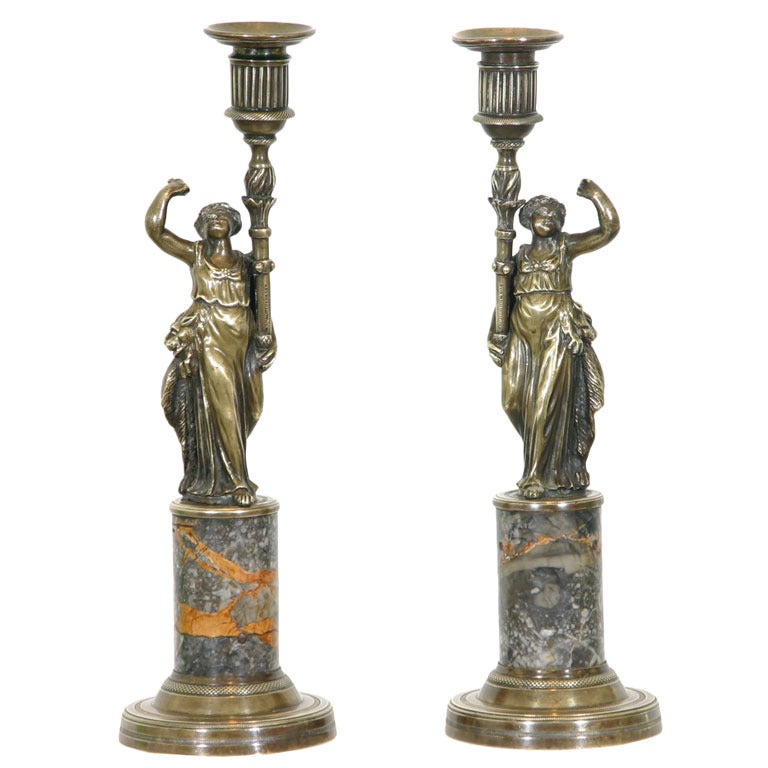 Pair of French Bronze and Marble Candlesticks For Sale