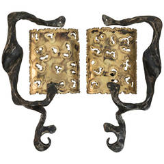 Pair of Iron and Brass Brutalist Style Sconces from France