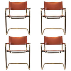 Set of Four Marcel Breuer Style "Cognac" Leather Chairs in Brass by Cassina
