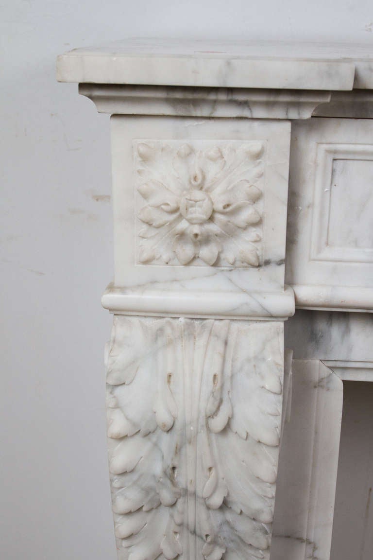 White and grey Calacata Louis XVI style marble mantel. Interior dimensions: W: 40.25