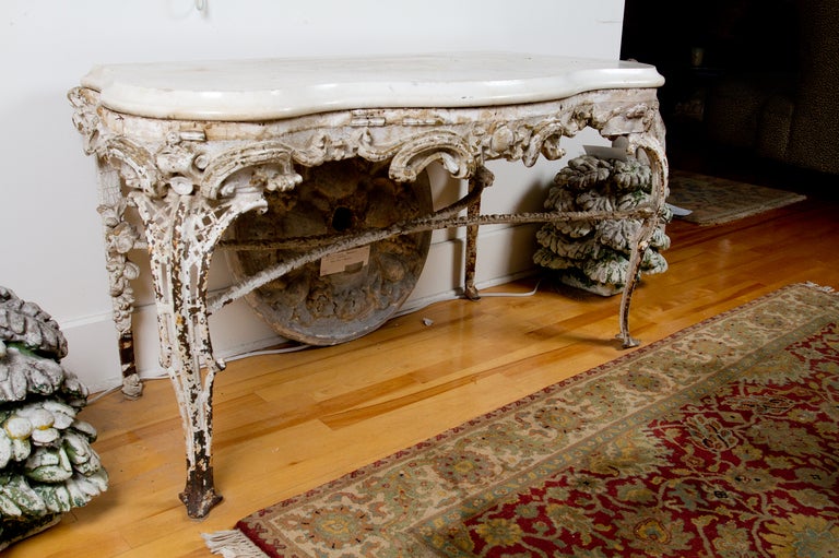 French iron and composite Rococo style console table with white Cararra marble top.