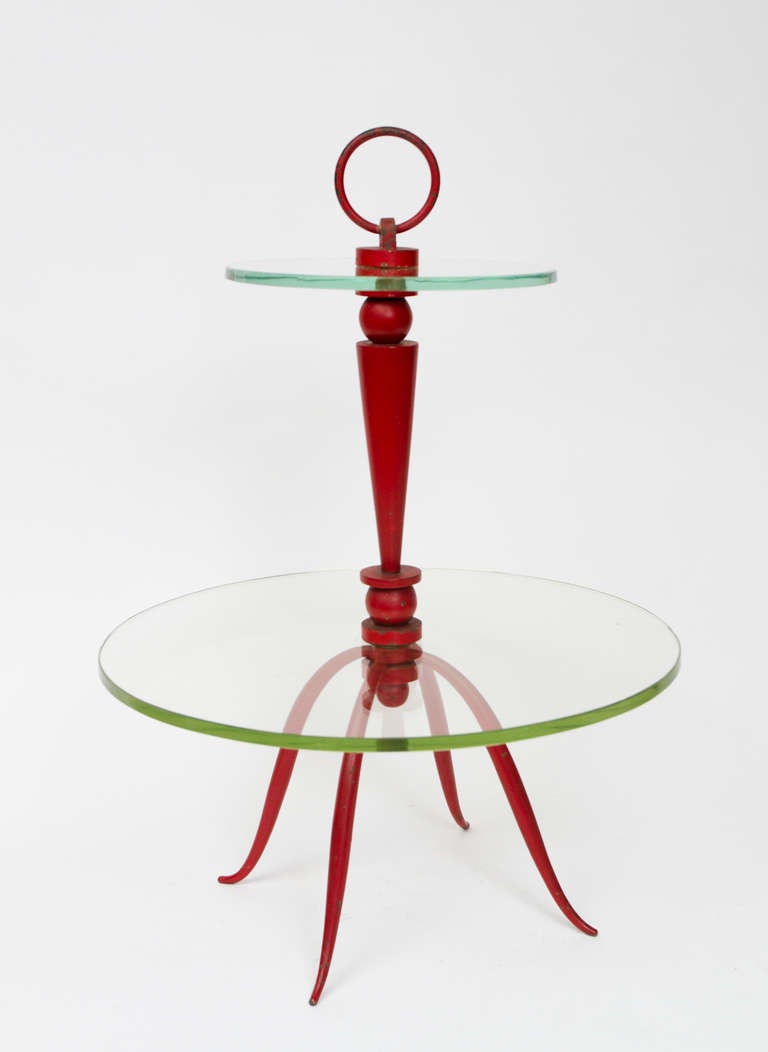 Whimsical painted metal and glass two-tier cocktail table by Rene Prou.