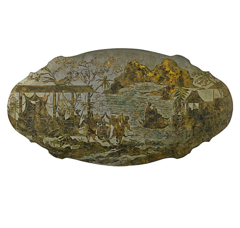 Etched bronze Chinoiserie coffee table by Philip and Kelvin LaVerne, the top depicting a pavilion and fishermen returning to their village.