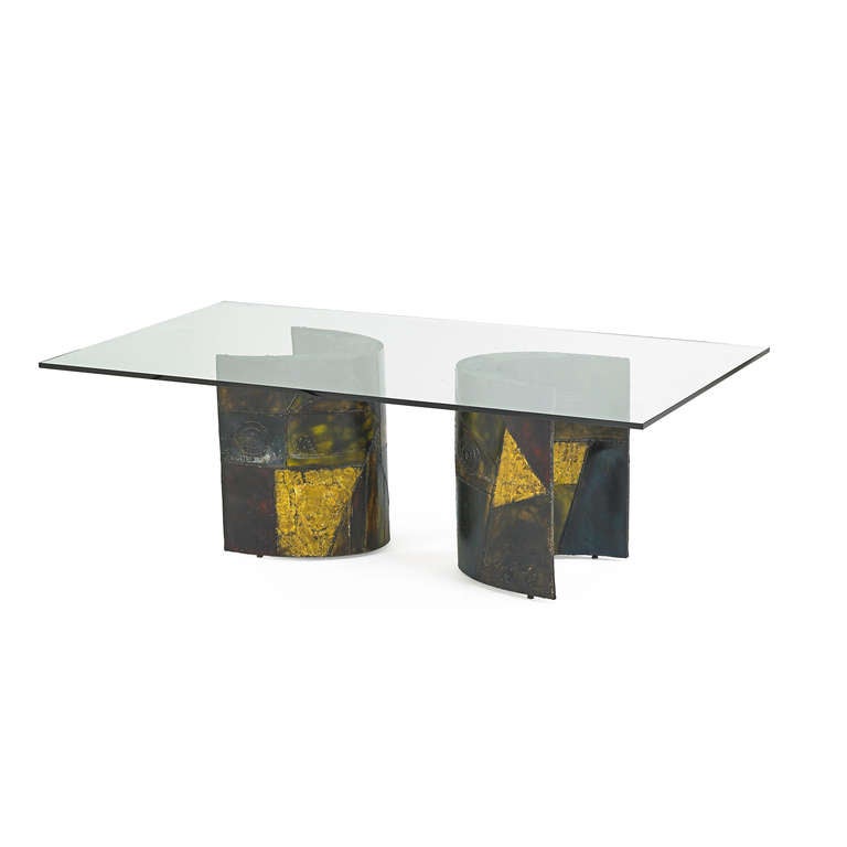 Welded polychromed steel and bronze dining table by Paul Evans with original glass top.  Welded Signature PE 72.