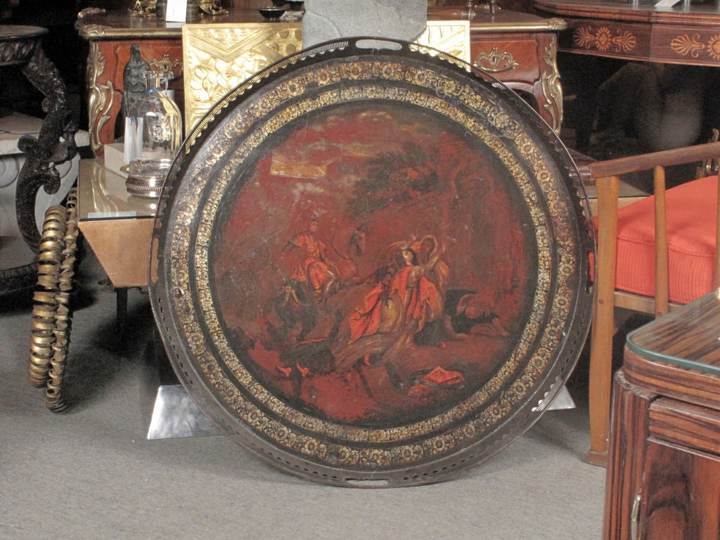 Large Circular Hand-Painted Tole "Pontypool" Tray