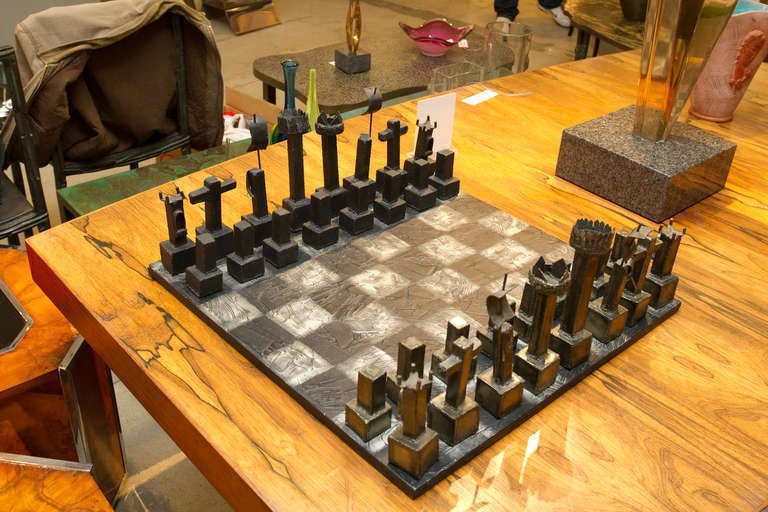 American Rare Brutalist Welded Steel Chess Set by Paul Evans