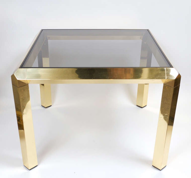 Mid-Century modern polished brass square side-table with smoked glass top.