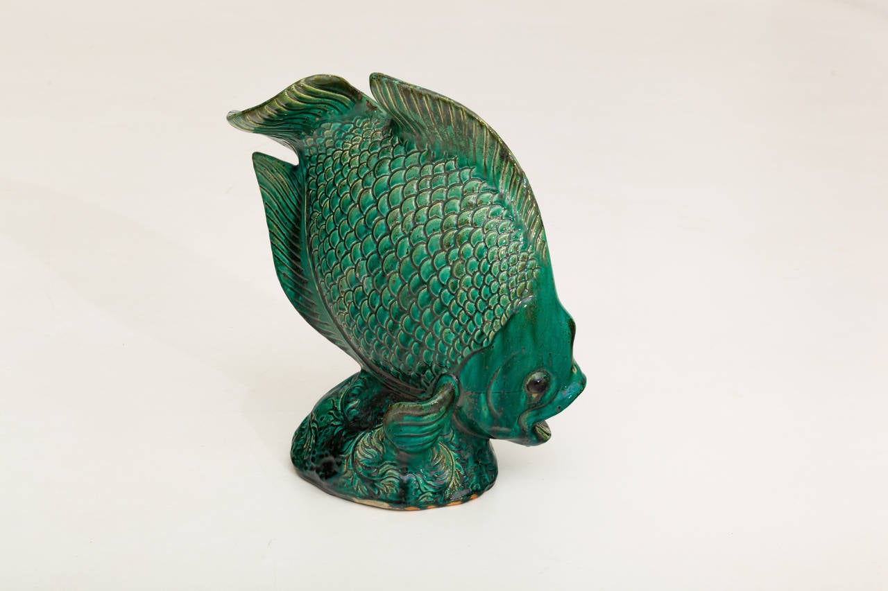 Beautiful Emerald Green Glazed Ceramic Sculpture Representing a Fish at