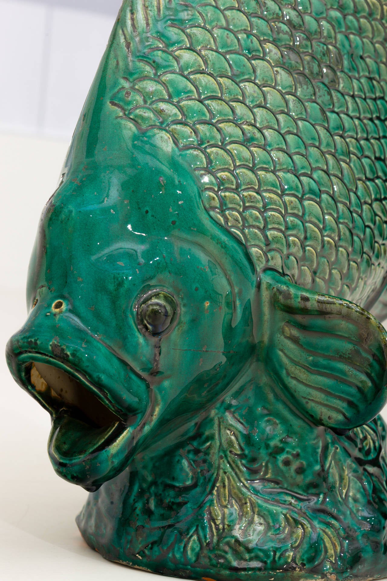 French Beautiful Emerald Green Glazed Ceramic Sculpture Representing a Fish