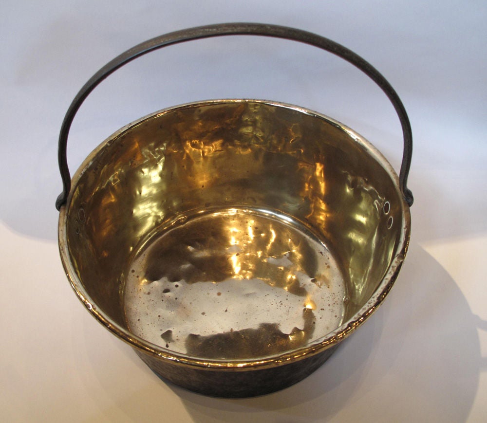 French 19th century brass kettle with iron handle. France circa 1860.