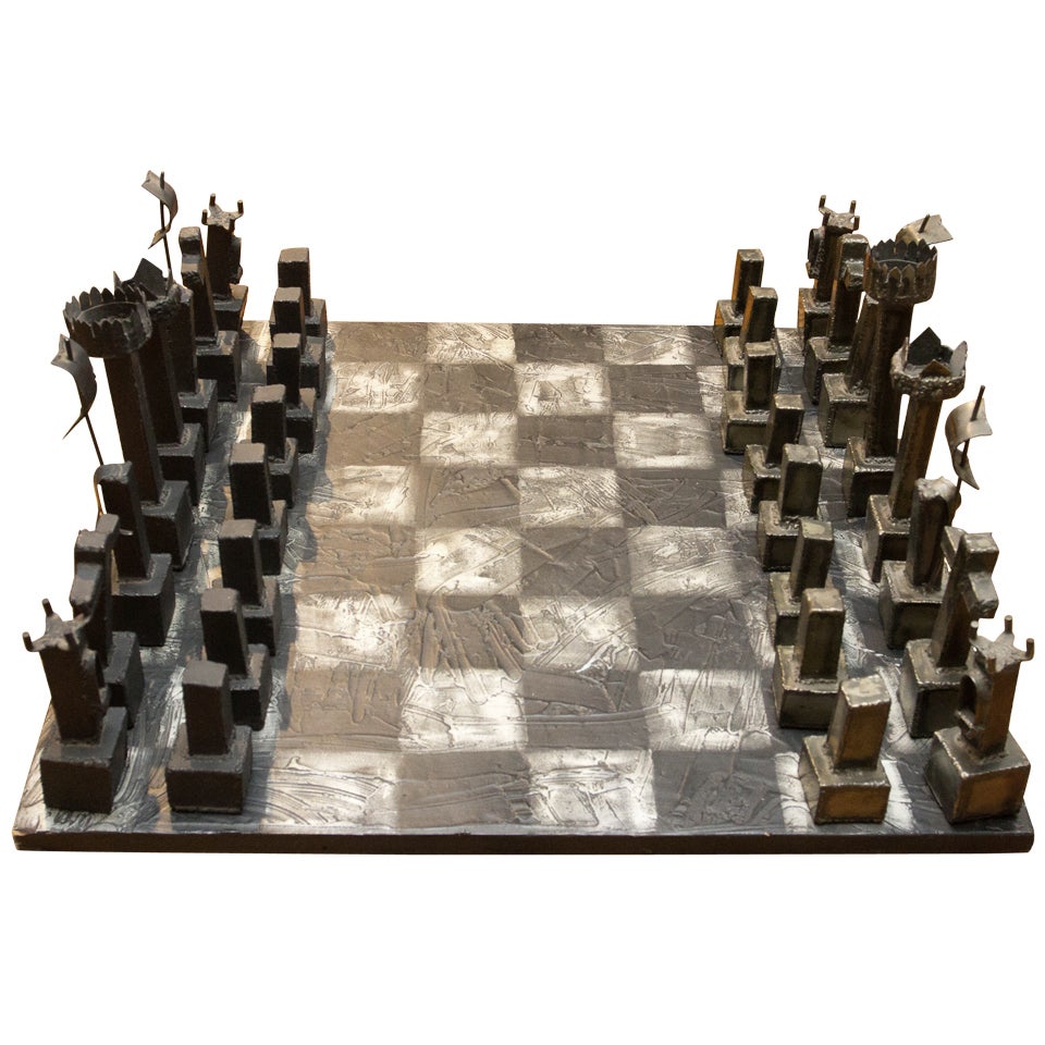 Rare Brutalist Welded Steel Chess Set by Paul Evans