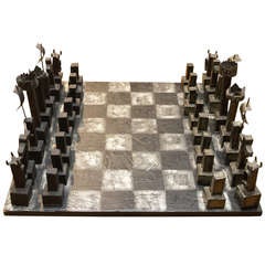 Rare Brutalist Welded Steel Chess Set by Paul Evans