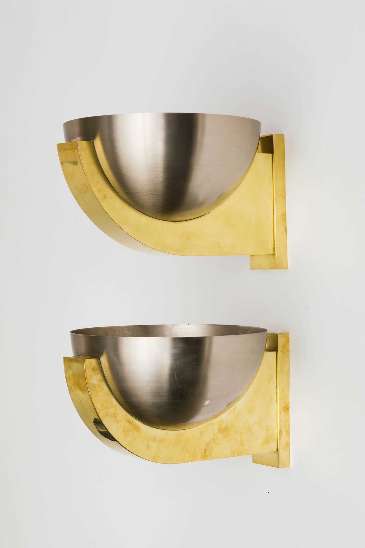 French Brushed Steel and Brass Sconces by Perzel