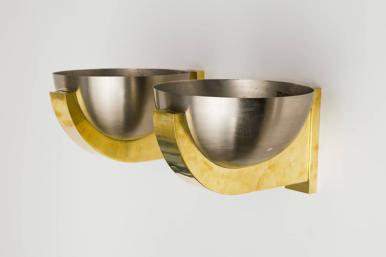 Mid-Century Modern Brushed Steel and Brass Sconces by Perzel
