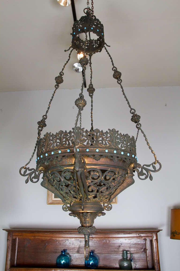 Gothic revival gilt-bronze hanging fixture.