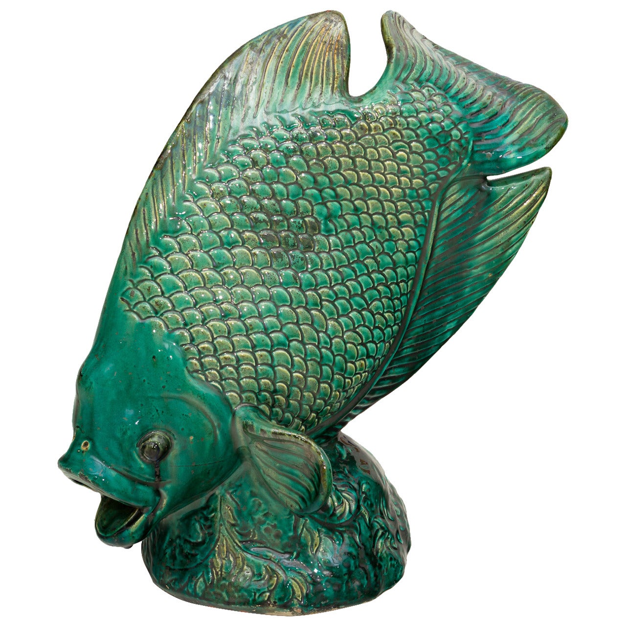 Beautiful Emerald Green Glazed Ceramic Sculpture Representing a Fish