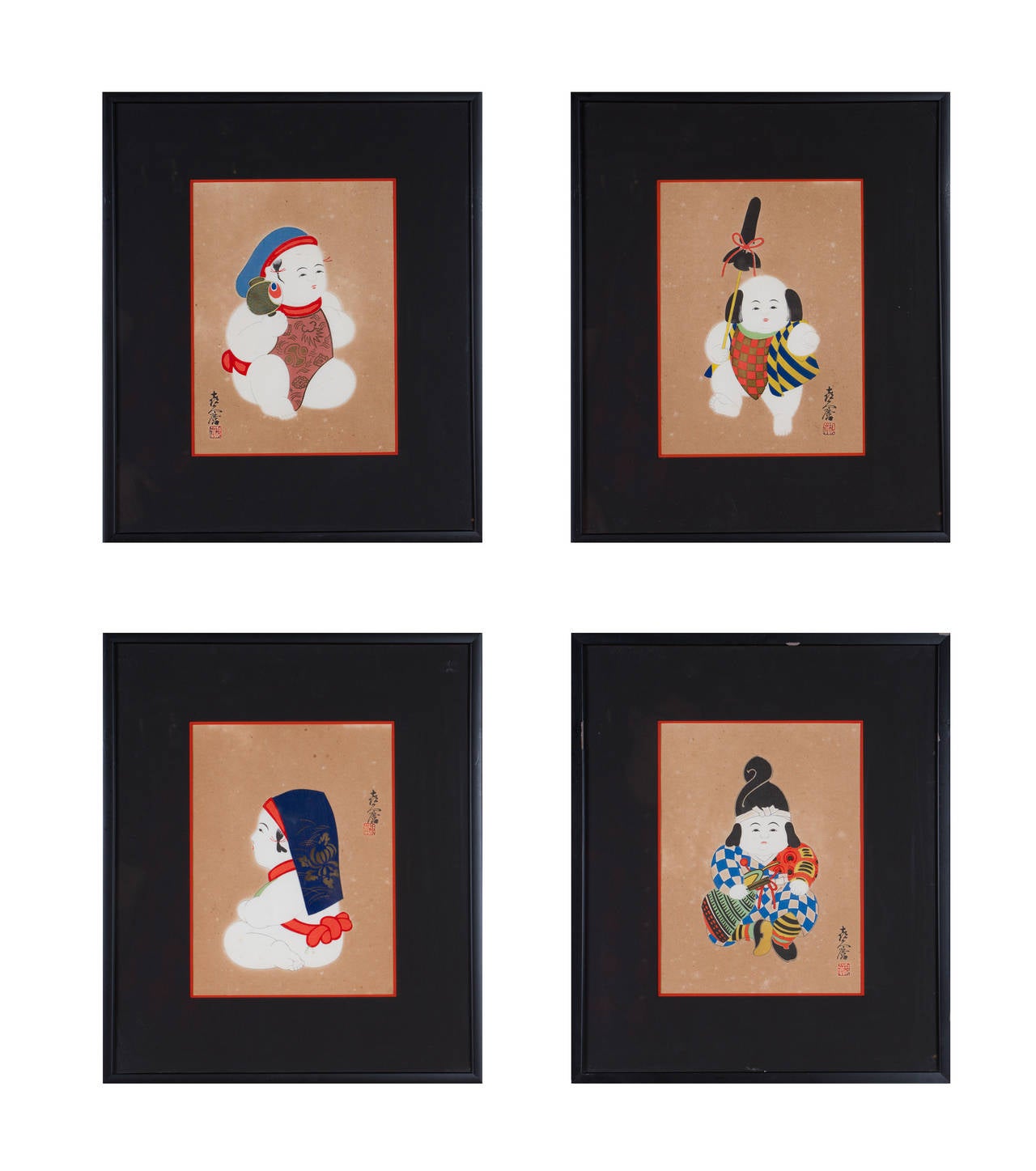 Whimsical set of 16 Mid-20th Century Japanese woodblock prints. Potentially available in blocks of four.