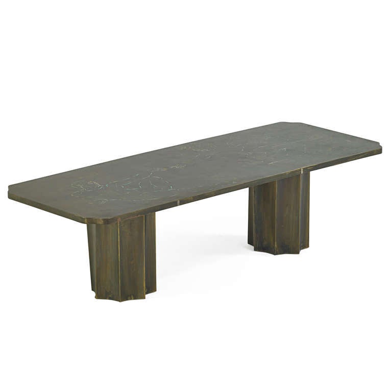 Beautiful bronze coffee table by Philip and Kelvin LaVerne, the acid etched and patinated top displaying Michelangelo's 