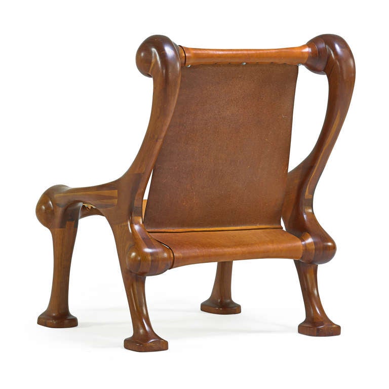 Sculptural and organic carved cherry wood and leather lounge chair by Martin Stan Buchner Florham Park, NJ, 1977
Signed and dated.
