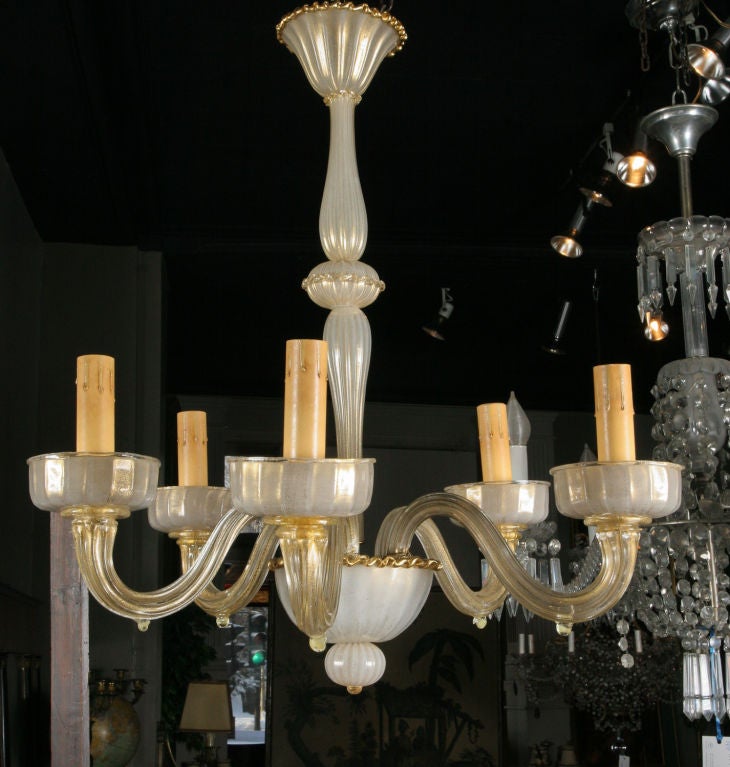 Fine Murano gold speckled glass five-light chandelier.