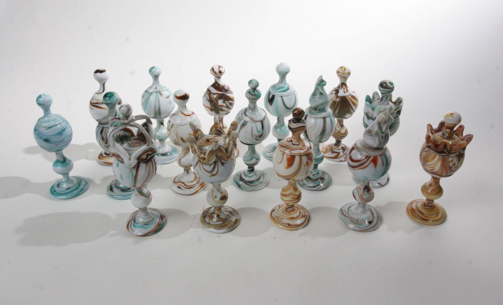 Unusual art glass chess set. Signed 'Orom.'