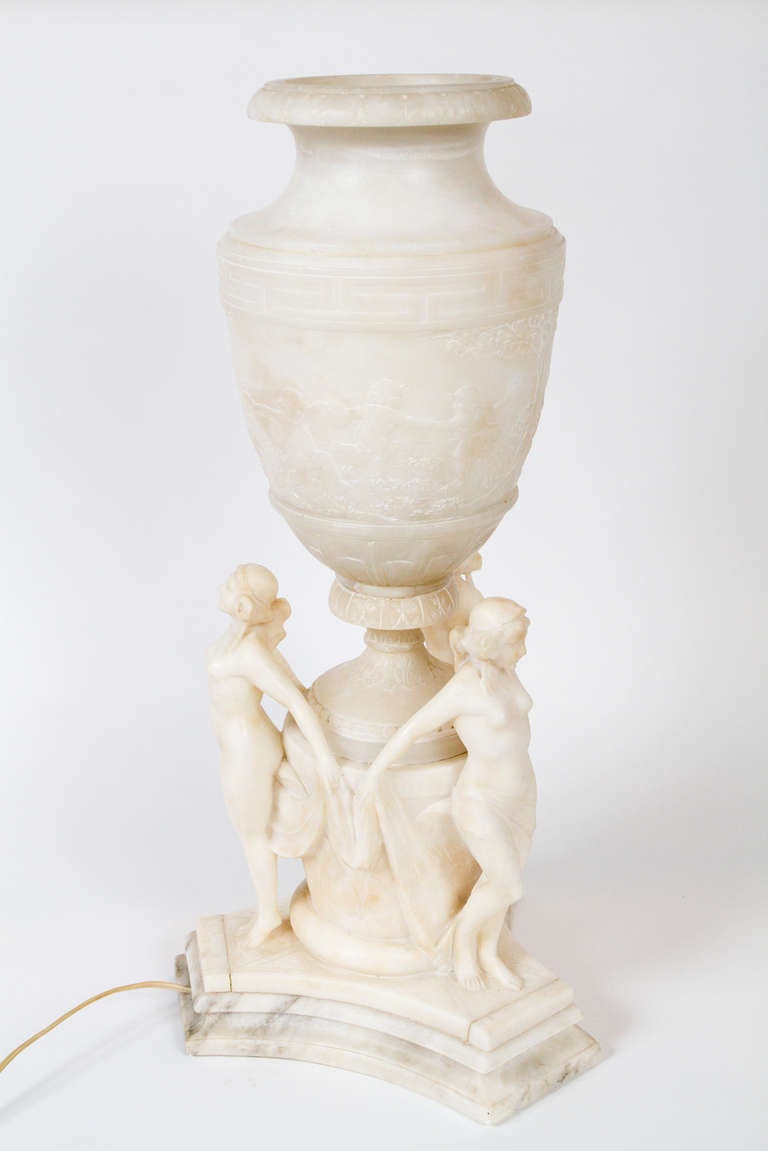 20th Century Carved white alabaster urn