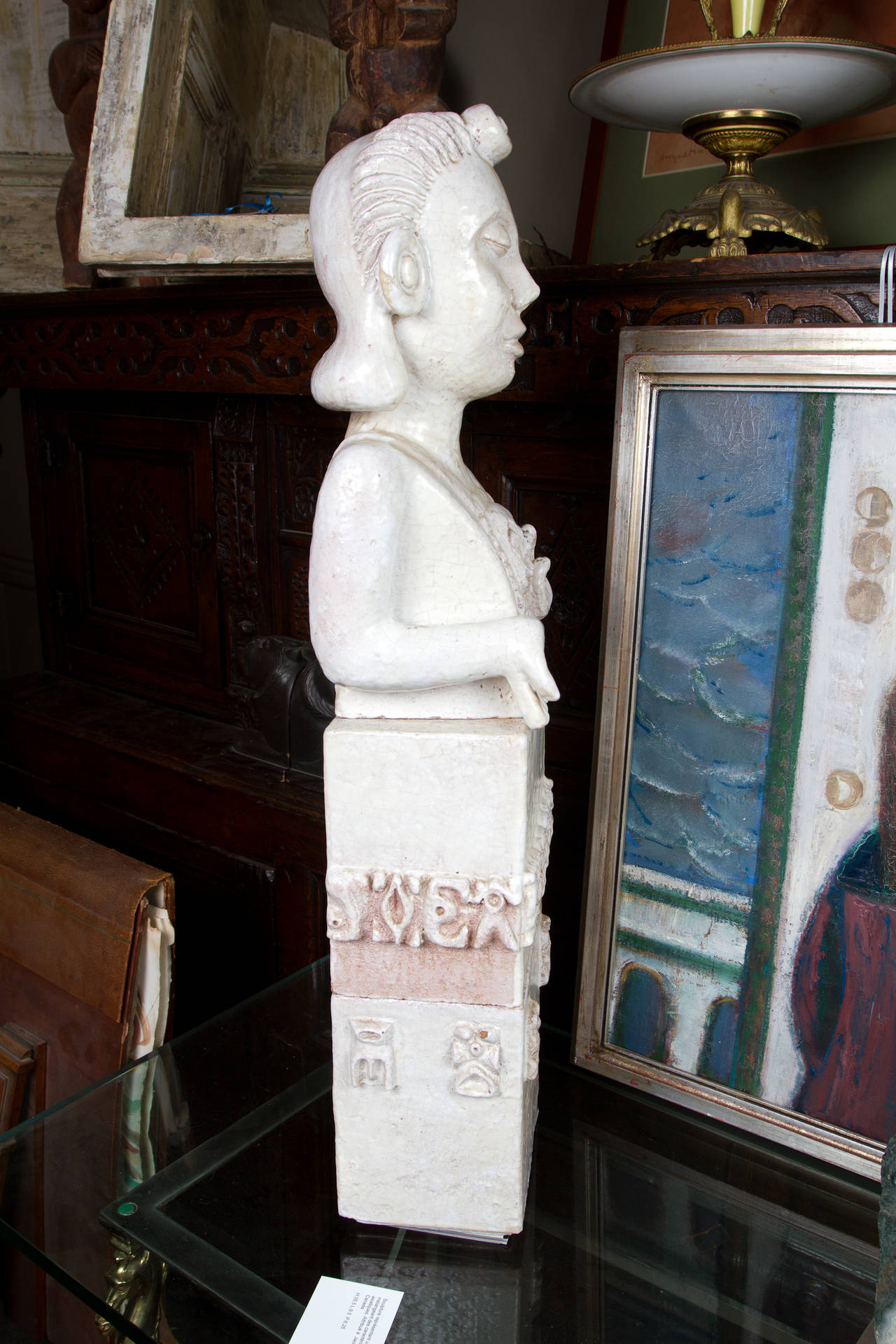 Whimsical White Glazed Terra Cotta Sculpture of Asian Goddess