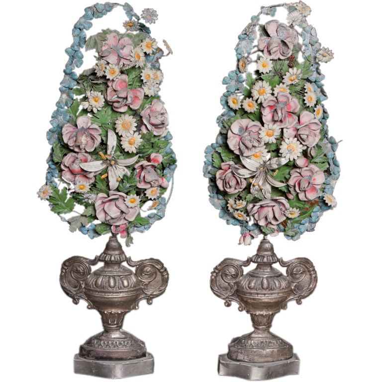 Pair of Decorative Urns with Tôle Flowers