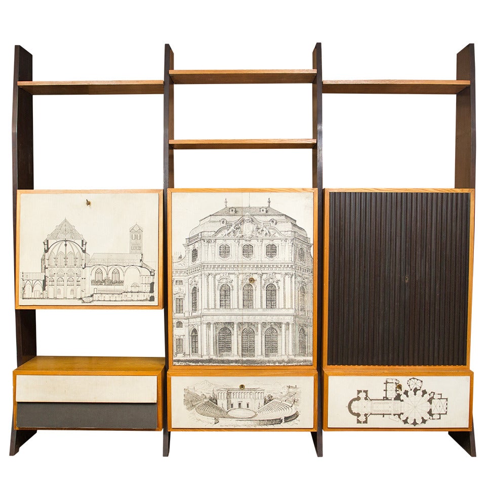 Fabulous Italian Wall Unit in the Manner of Fornasetti