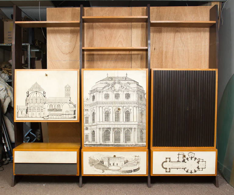 Unusual 1950s wall unit in the manner of Piero Fornasetti, ebonized wood, ash and printed canvas.