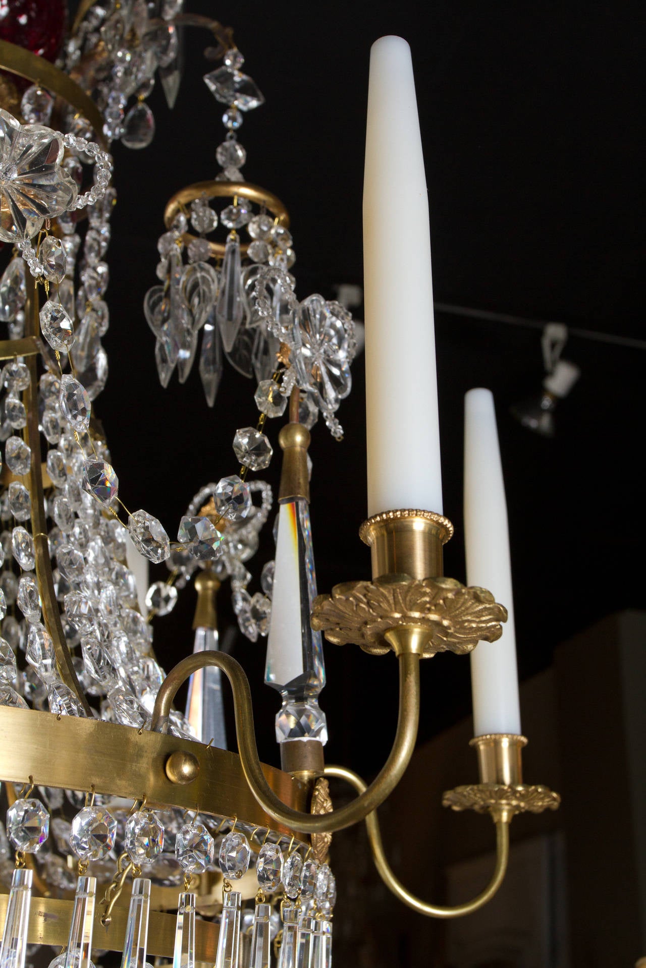 Neoclassical Russian style six-arm crystal chandelier with cranberry glass decoration.