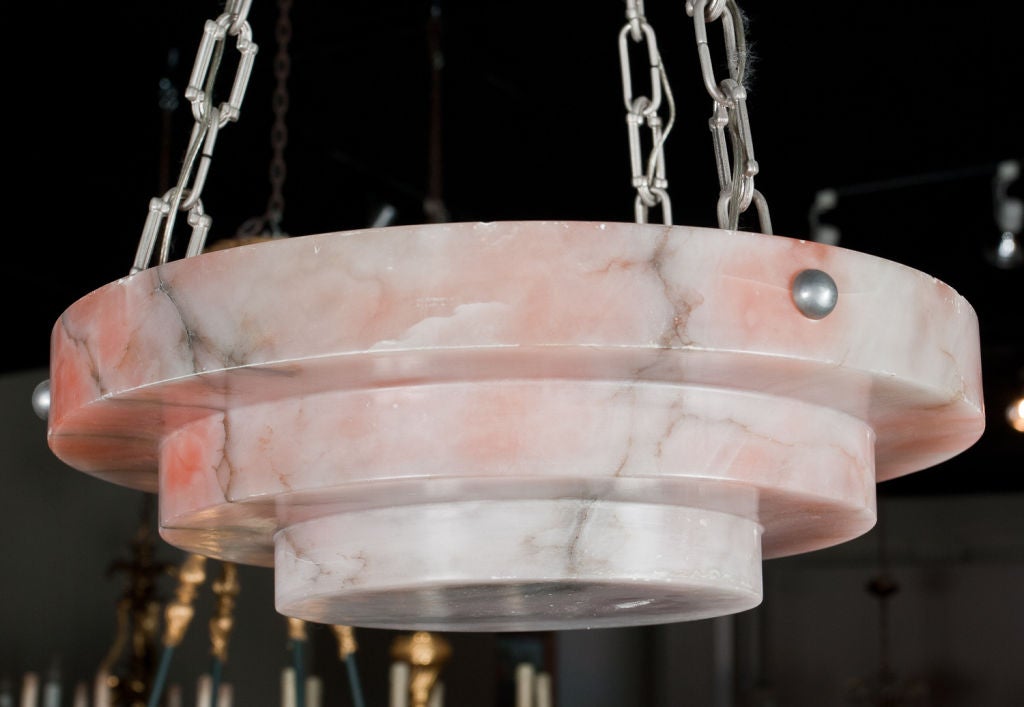 Art Deco period alabaster hanging light fitted with silver-plated bronze chain.