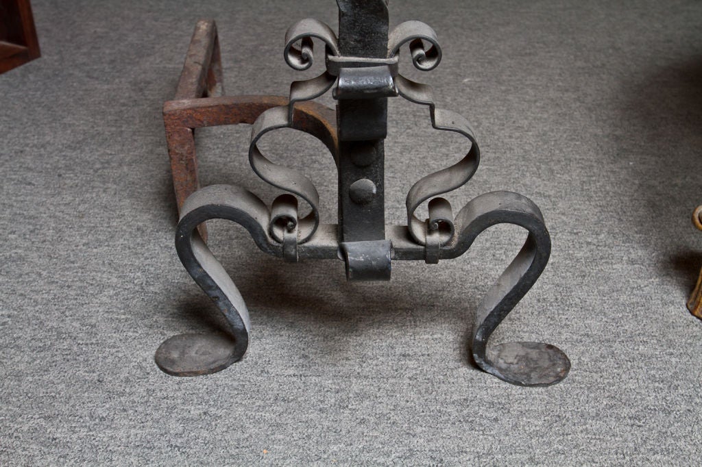 19th Century Pair of Wrought Iron Andirons For Sale