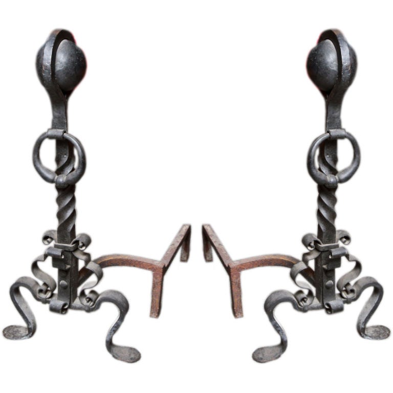 Pair of Wrought Iron Andirons For Sale