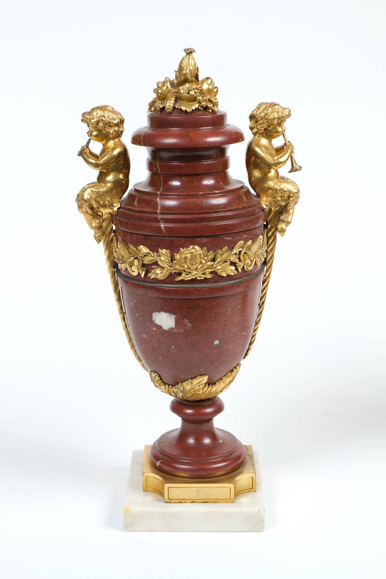 Beautiful Pair of Neoclassical Style Gilt Bronze and Marble Urns For Sale 1
