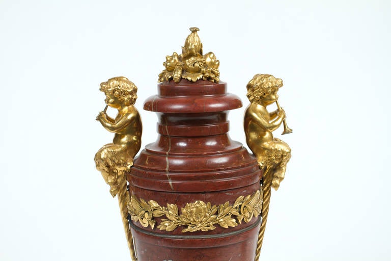 Magnifique paire d'urnes de style néoclassique en bronze doré et marbre en vente 1