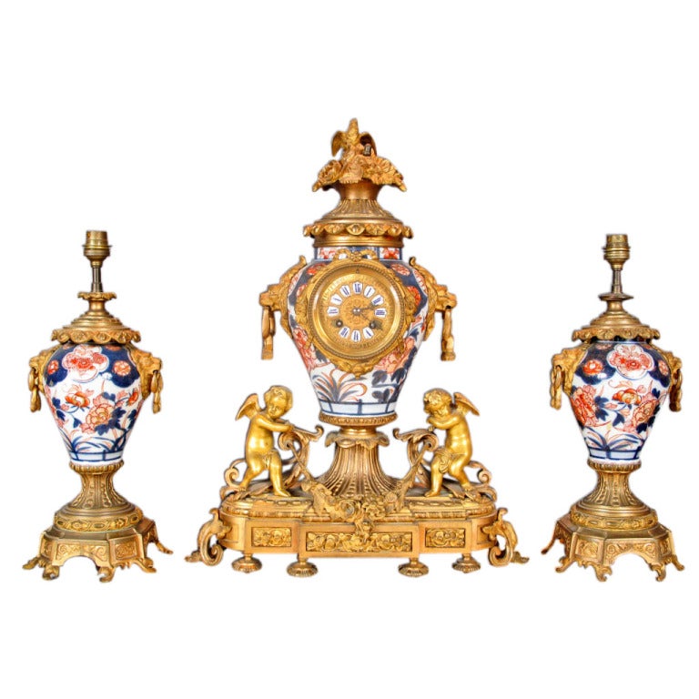 Louis XV Style Imari Mantle Clock Garniture For Sale