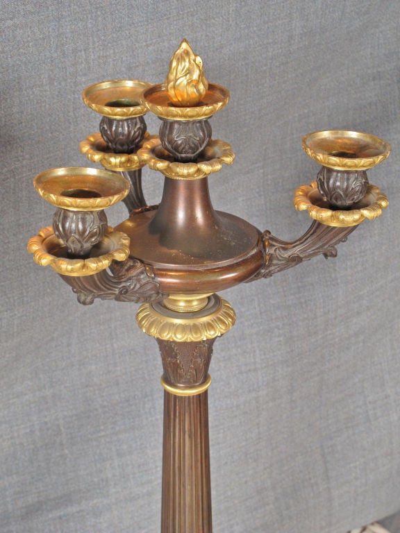 Pair of gilt and patinated bronze Empire period candelabras.