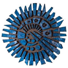 Vibrant blue glazed ceramic wall sculpture by Charles Sucsan