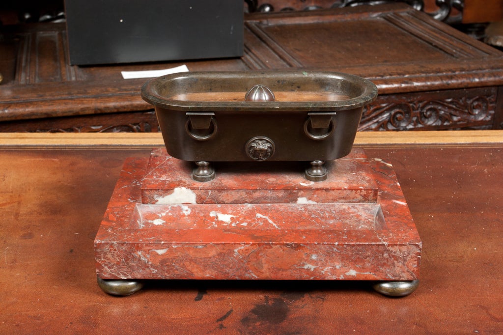 Rare Grand Tour patinated bronze and Rouge Royal marble inkwell.