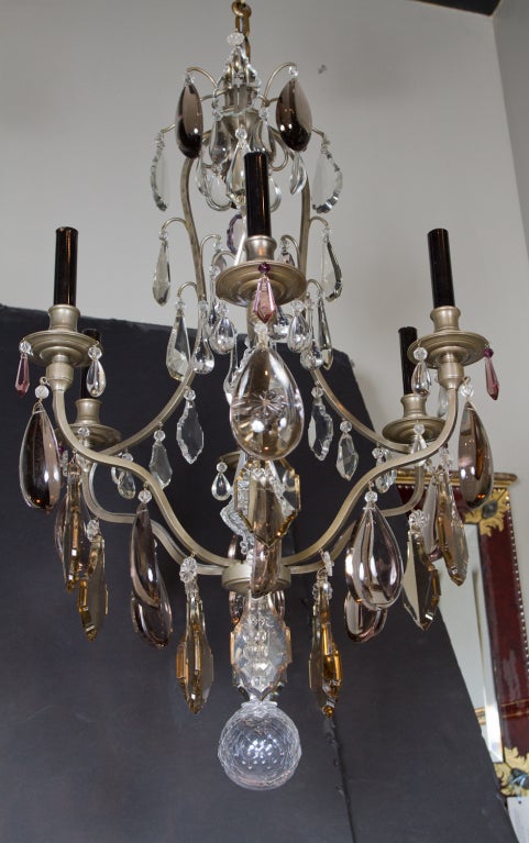 Beautiful French silver plated bronze six light chandelier with large, clear, amethyst and smoked glass pendents.