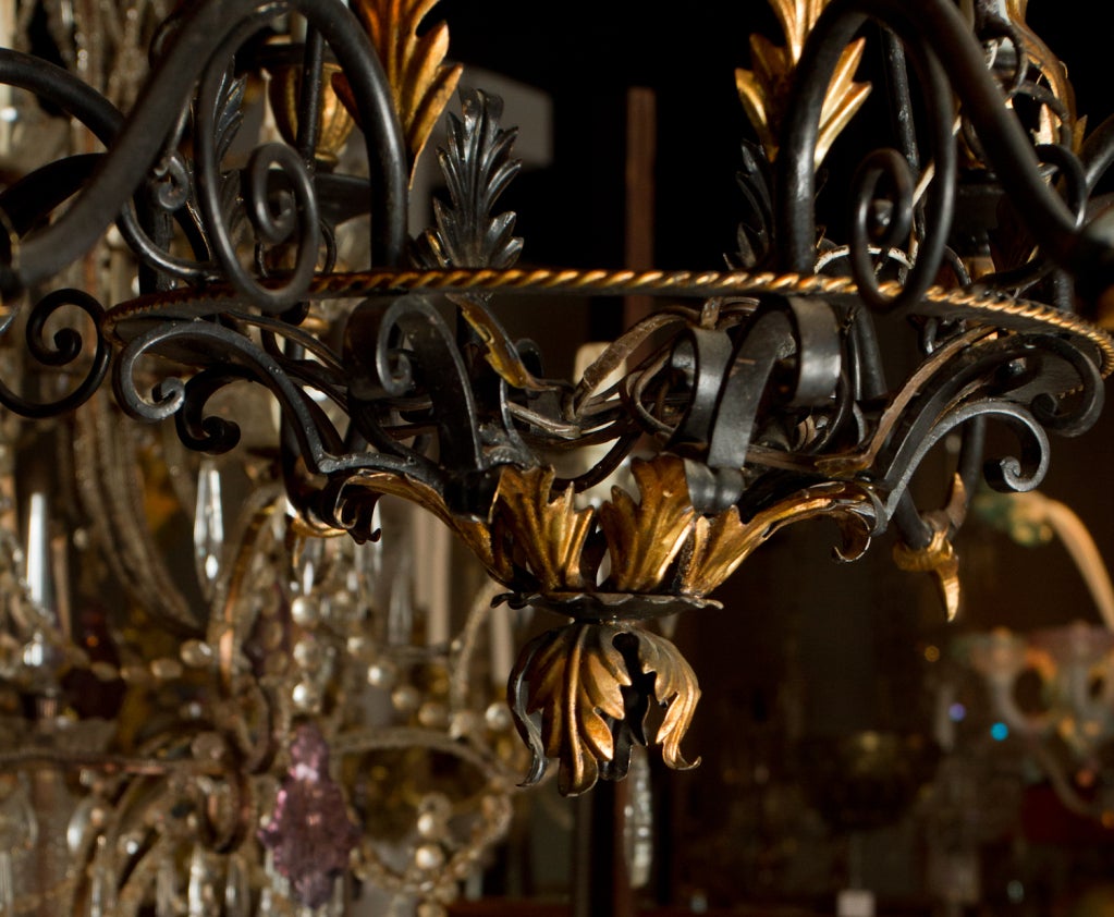 Mid-20th Century  Black Painted Metal and Gilt Wood Italian Chandelier