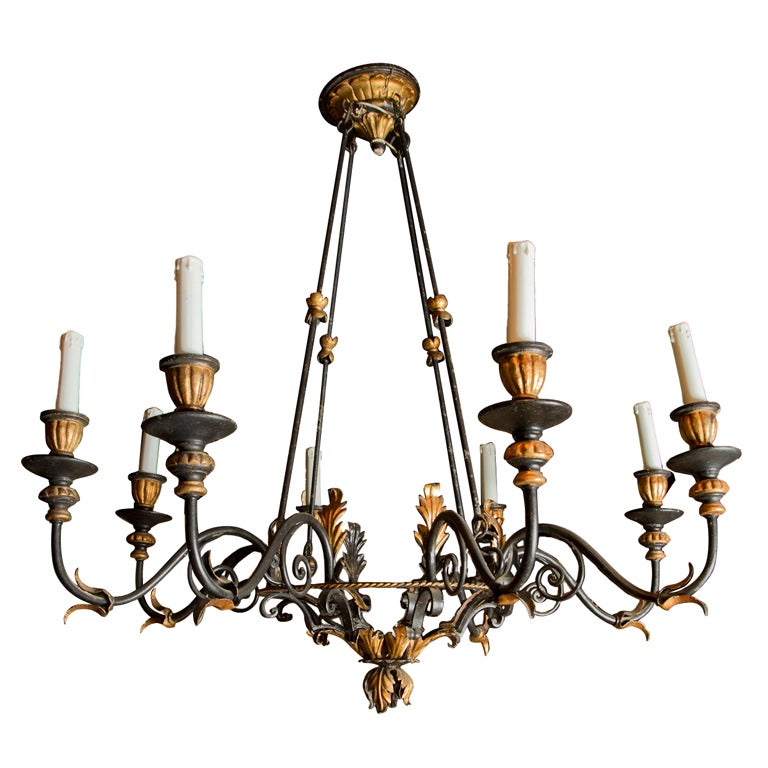  Black Painted Metal and Gilt Wood Italian Chandelier